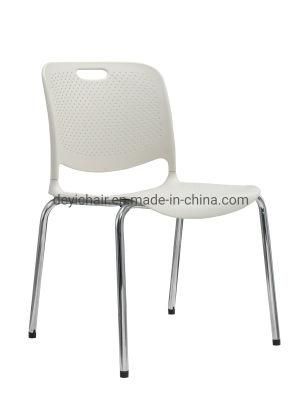 White Color Powder Coated Finished 4 Legs Base Fabric Upholstery Seat Cushion No Arm Stacking Chair