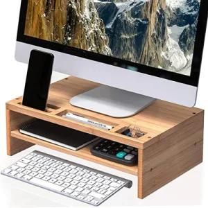 Home Office 2-Tier Bamboo Monitor Riser Stand Desk with Storage Organizer