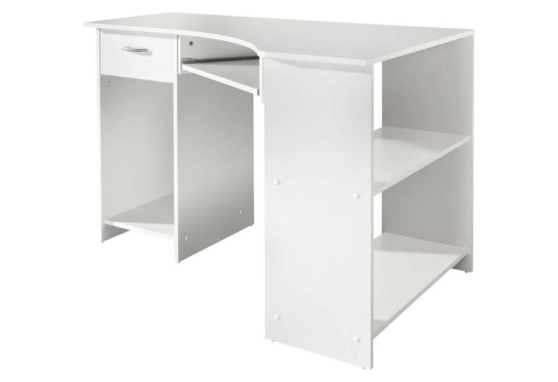 White Wood Computer Table, Desktop Computer Desk with Two Tiers Shelf