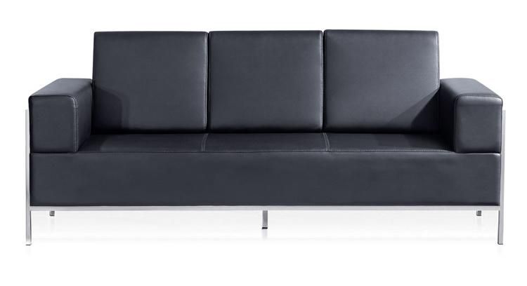 Black Color Genuine Leather Office Reception Sofa with Stainless Steel Frame