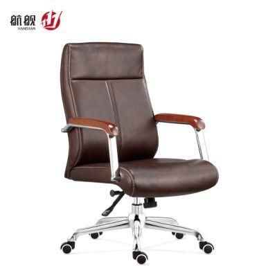 Middle Back Wooden Armrest Swivel Ajustable PU Leather Office Chairs