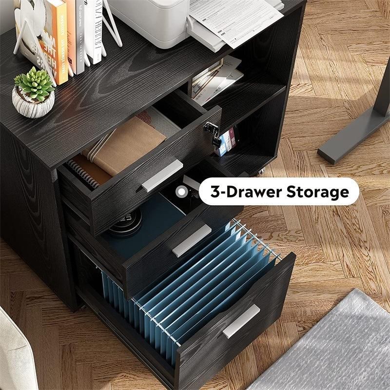 3-Drawer Wood File Cabinet Mobile Lateral Filing Cabinet Printer Stand with Open Storage Shelves for Home Office with Lock