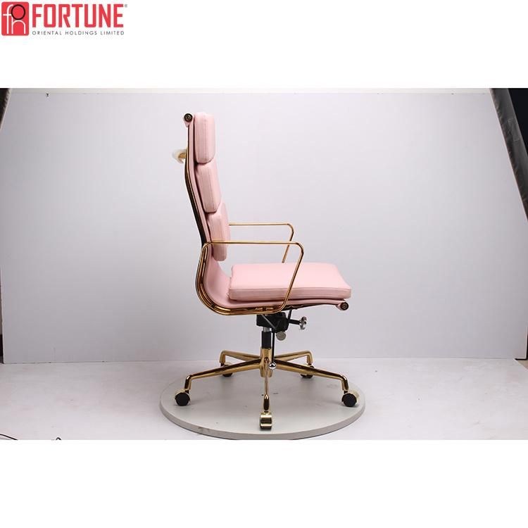 Ergonomic Design Pink Leather Office Chair with Golden Aluminum Frame