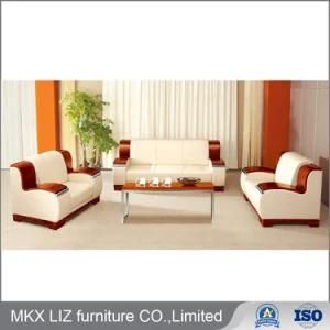 Large Size Wood Armrest Wooden Cow Leather Office Sofa Set (S840)