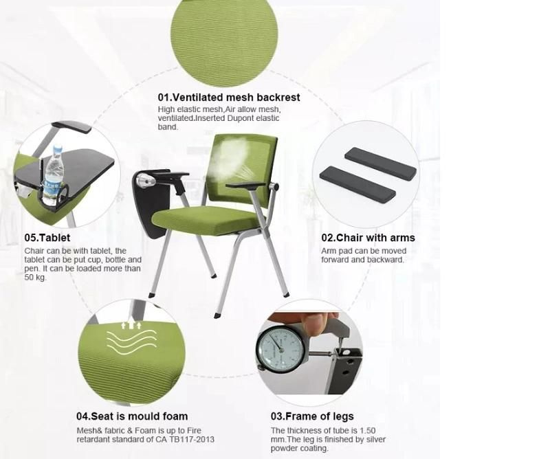 School Foldable Movable Conference Chairs Stackable Training Chairs with Writing Pads