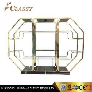 MDF Wood Wine Cabinet Book Shelf with Golden Stainless Steel Frame and Glass Pane