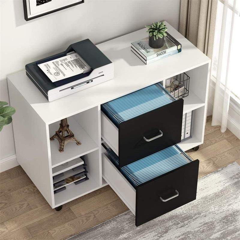 2 Drawer Wood File Cabinet Letter Size Large Mobile Lateral Filing Cabinet Printer Stand with Storage Shelves and Wheels for Home Office