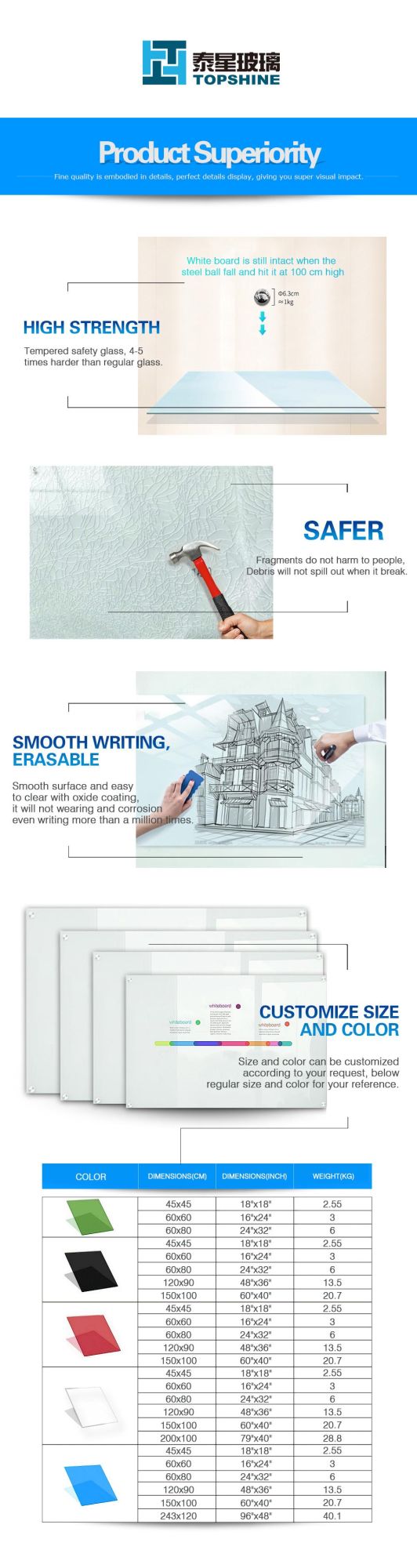 High Quality Tempered Glass Magnetic Dry Erase Glass White Board