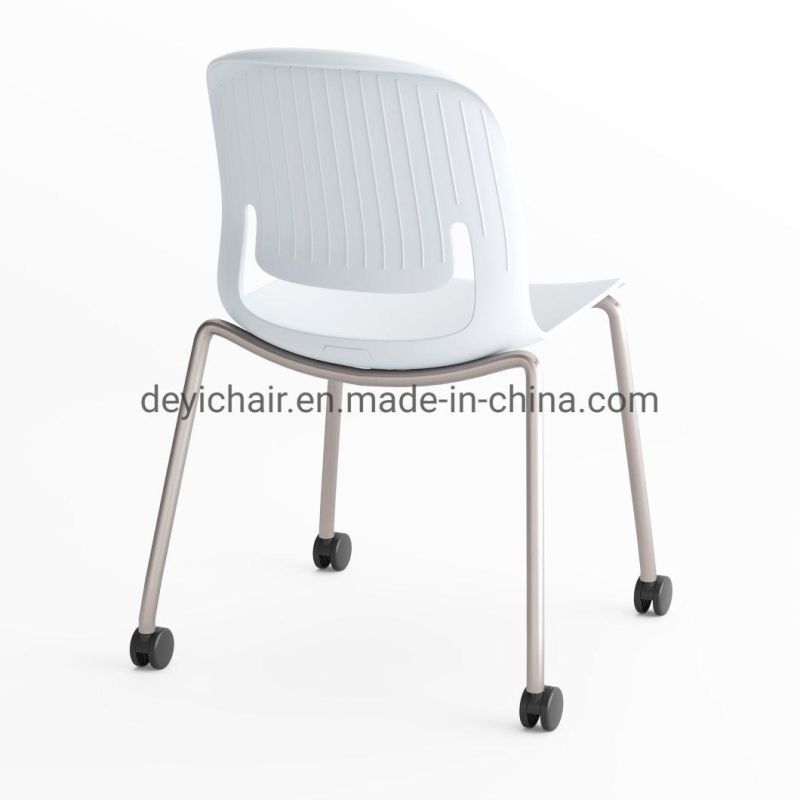 White Color Plastic Shell with Seat Cushion Chromed Finished 4 Legs Frame Stool Chair with Casters