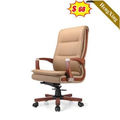 Modern Office Furniture 5 Star Wooden Legs and Wood Arm Height Adjustable High Back Brown Color PU Leather Boss Manager Chair
