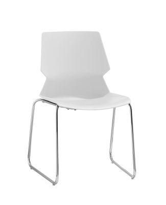 White Color Plastic Shell for Seat and Back Chromed Finished Sled Base No Arms Stacking Chair