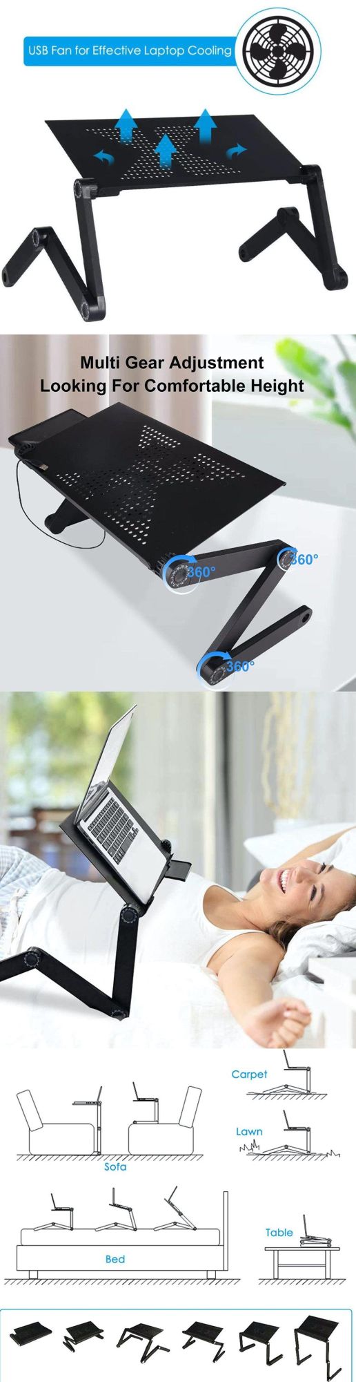 Adjustable Laptop Stand Laptop Desk with CPU Cooling USB Fans for Bed Aluminum Lap Workstation Desk with Mouse Pad Foldable Cook Book Stand