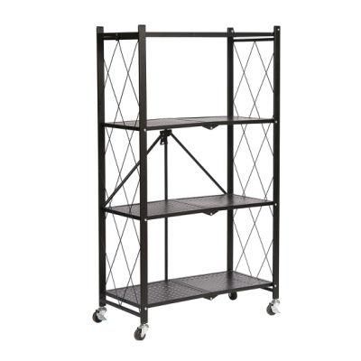 Strong/Foldable 4 Tiers Household Book Shelf Metal Storage Shelving with Wheels