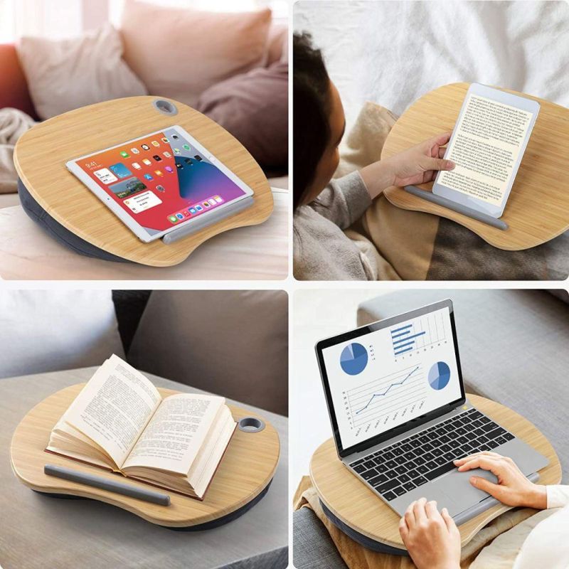 Laptop Stand with Pillow Cushion & Bamboo Grain Platform on Bed & Sofa, with Cable Hole & Anti-Slip Strip
