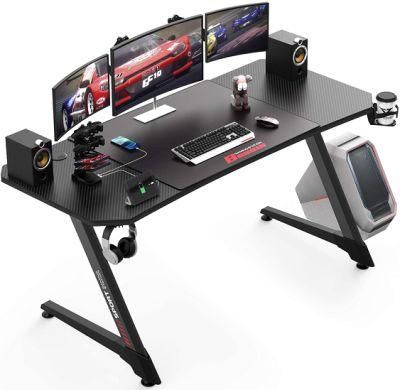 Gaming Desk with LED Lights Gaming Computer Desk, Carbon Fiber Surface Home Office Game Table with Handle Rack, Cup Holder and Headphone Hook
