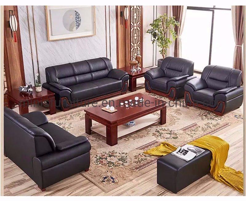 (M-SF13) Office Furniture Wood Frame Black Leather Sofa Set Including Coffee Table