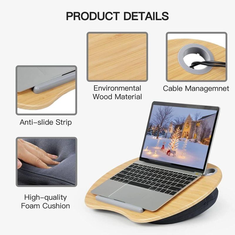Lap Desk - Fits up to 14 Inch Slim Laptop, Laptop Stand with Pillow Cushion & Bamboo Grain Platform on Bed & Sofa, with Cable Hole & Anti-Slip Strip