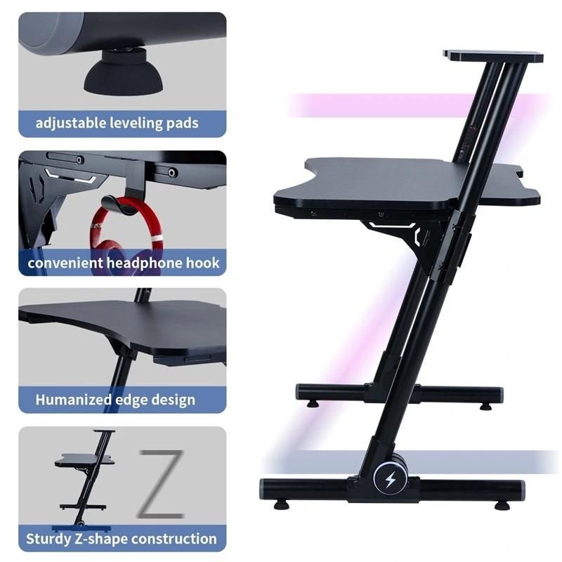 Z-Shaped PC Gaming Computer Desk Workstation with Carbon Fiber Surface and Headphone Hook