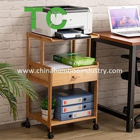 3-Tiers Mobile Printer Stand Holder with Drawer, Rolling Cart with Wheels, Bamboo Rack for Home and Office