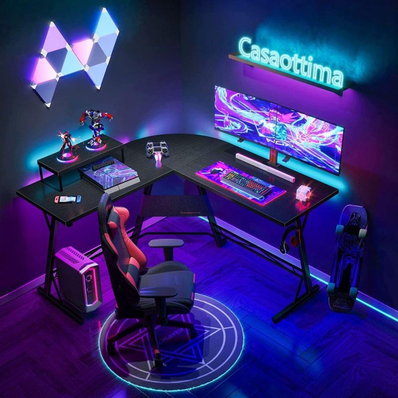 Worker Gaming Desk with LED Lights, Gamer Desk Carbon Fiber Desktop, Game Desk with Cup Holder, Home Office Gaming Room Workstation, Black