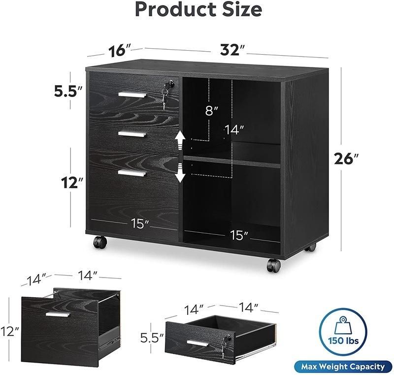 3-Drawer Wood File Cabinet Mobile Lateral Filing Cabinet Printer Stand with Open Storage Shelves for Home Office with Lock