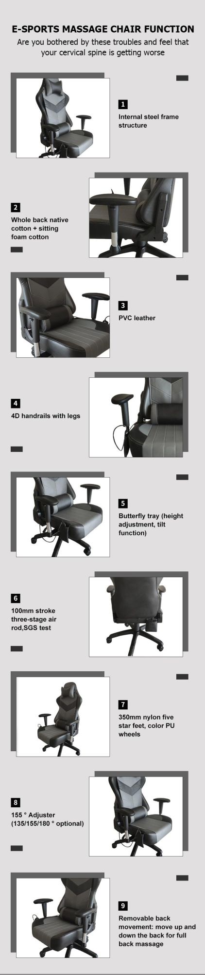 Hot-Selling Racing Chair with High Backrest, Ergonomic Rotating Computer Chair and PVC Leather Office Chair with Lumbar Support