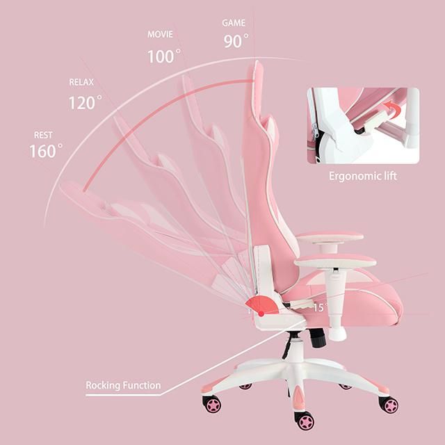 2D Ergonomic Metal Frame Pink 160 Adjustable Moulded Foam Sillas Gamer Gaming Chair with Lumbar Support