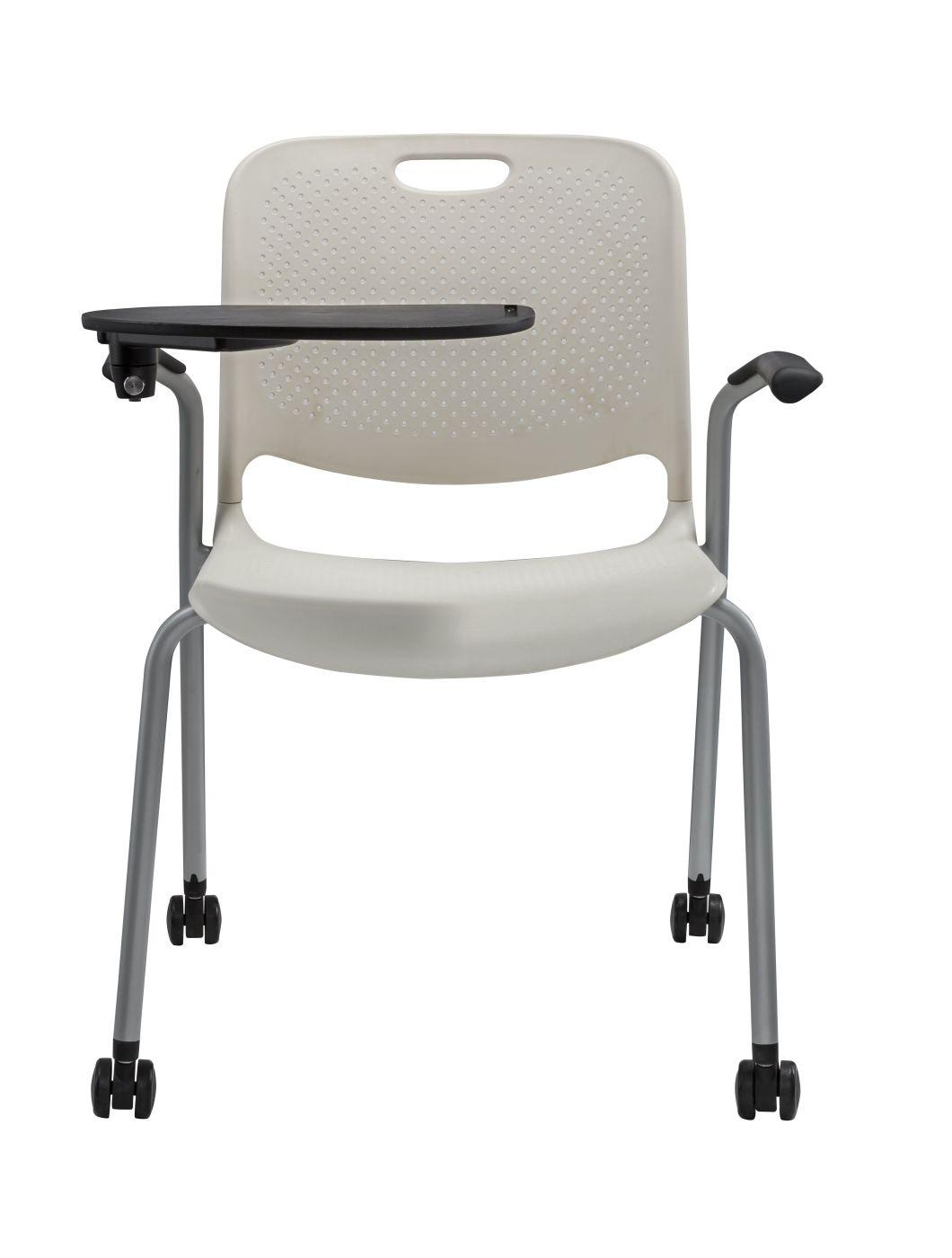 White Color Plastic Shell with Writing Pad Chromed Finished 4 Legs Frame Stool with Seat Cushion Chair with Casters