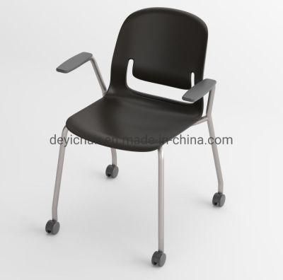 Black Color Plastic Shell with Seat Cushion Chromed Finished 4 Legs Frame Stool Chair with Casters