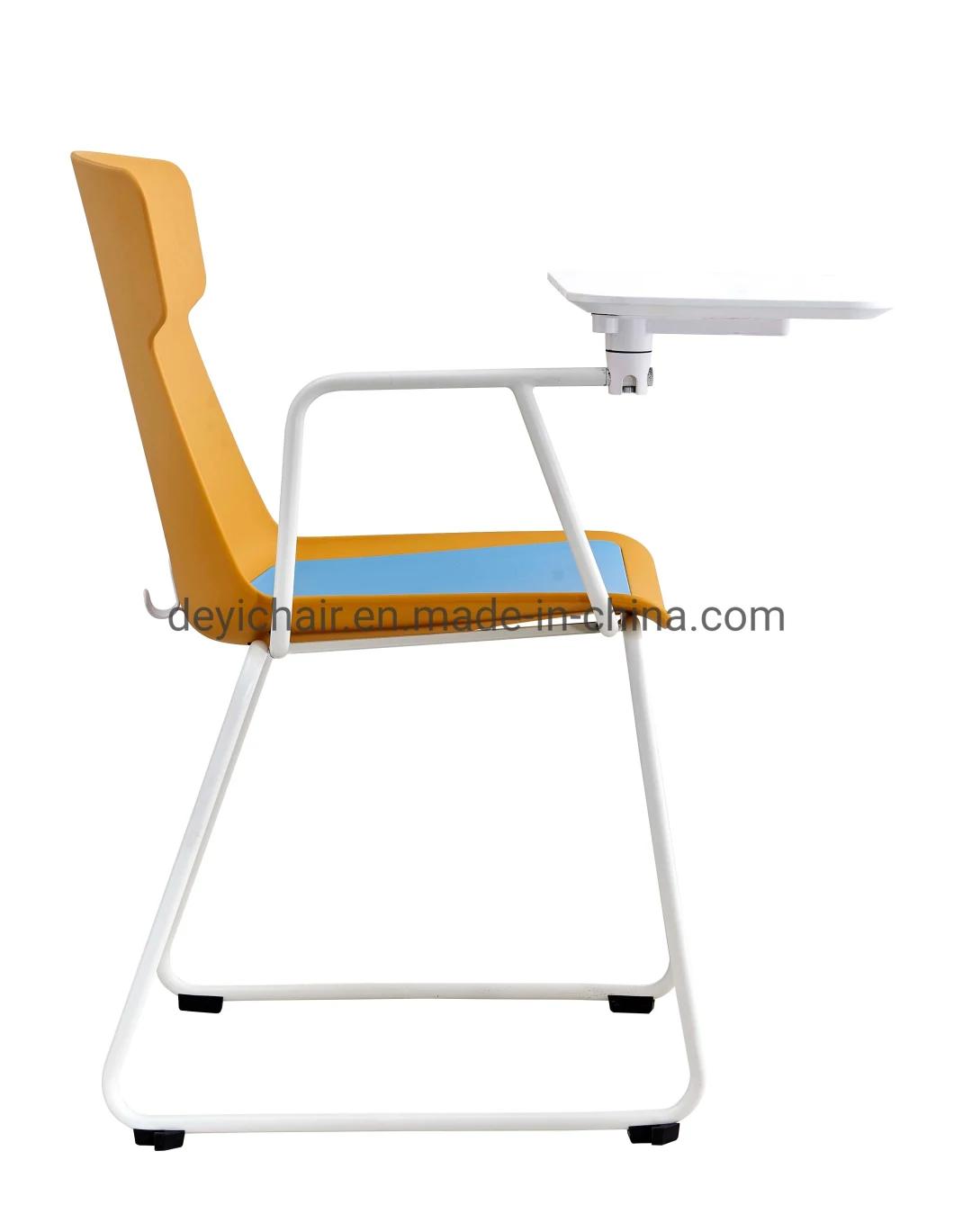 Colorful Plastic Shell with Seat Cushion and Writing Pad Metal Coated Frame Conference Chair