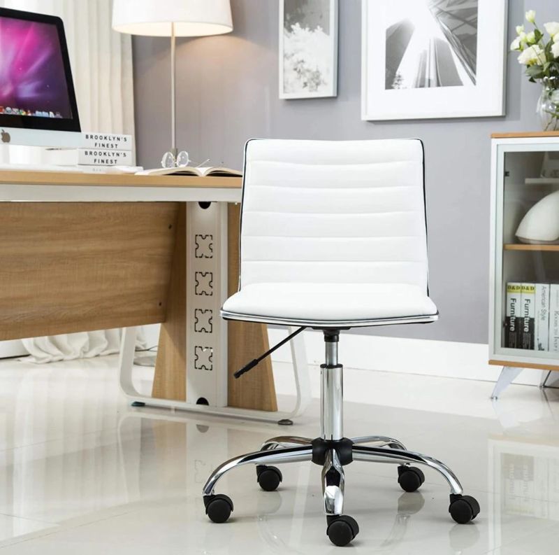Swivel MID Back Armless Ribbed Designer Task Chair Leather Soft Upholstery Office Chair - White