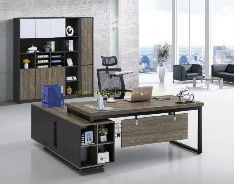 L-Shape Melamine Office Furniture Iron Leg Executive Desk