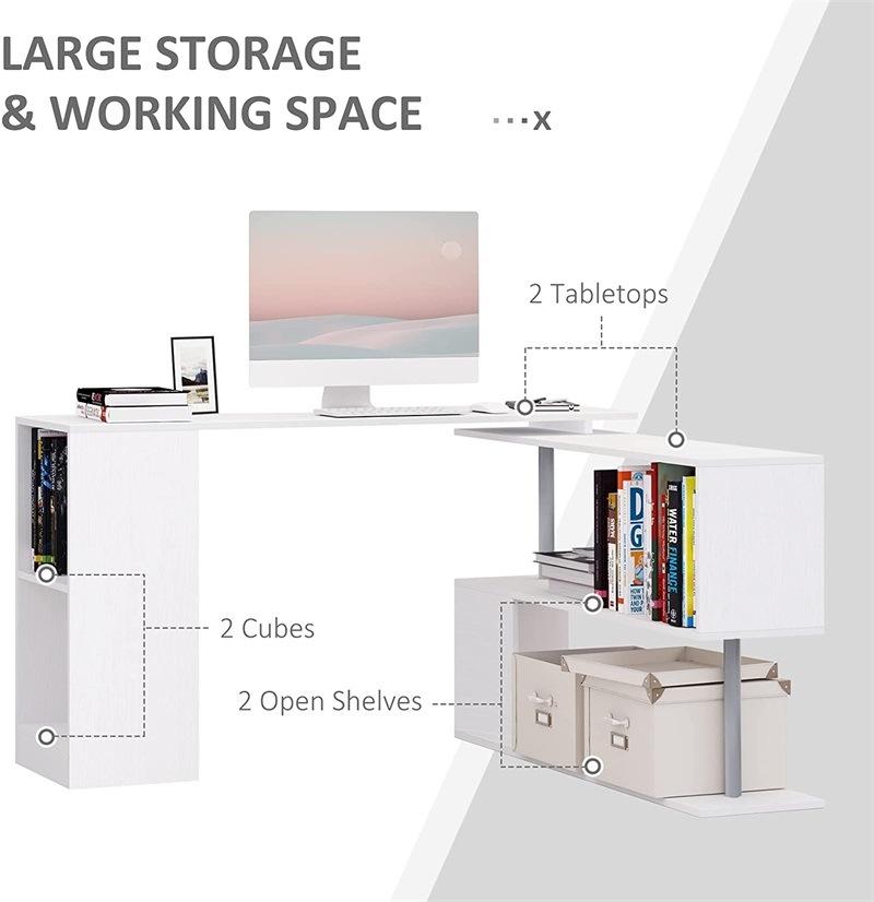 White 360 Rotating Corner Computer Desk Modern L-Shaped Home Office Workstation with 3-Tier Storage Shelves