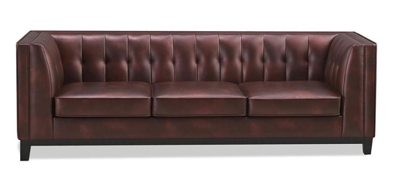 Home Furniture Genuine Brown Leather 3 Seater Button Back Cushion Living Room Sofa