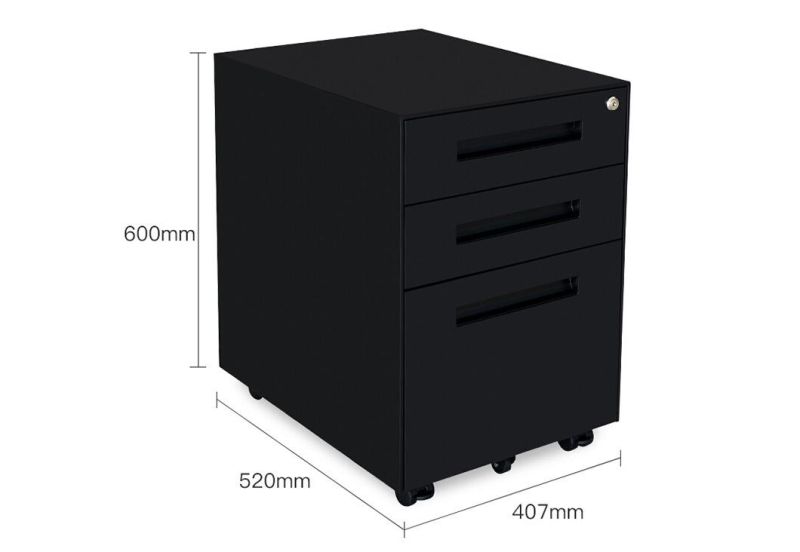 Black 3 Drawer Office Storage Cabinet Mobile Pedestal Under Desk
