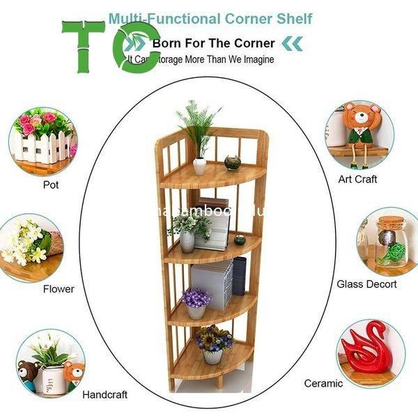 Factory Price Bamboo 4 Tiers Corner Shelf, Multifunctional Floor Standing Shelf Bookcase Display Storage