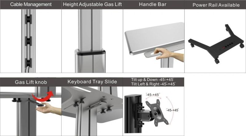 Mobile Computer Workstation Gas Lift / Trolley Single Monitor 10-24" Adjustable