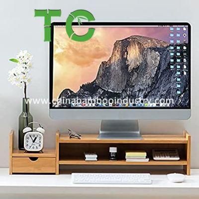 Desk Organizer-Bamboo 2 Tier Laptop Stand with Drawers, Adjustable Desktop Storage Organizer for Computer, Printer