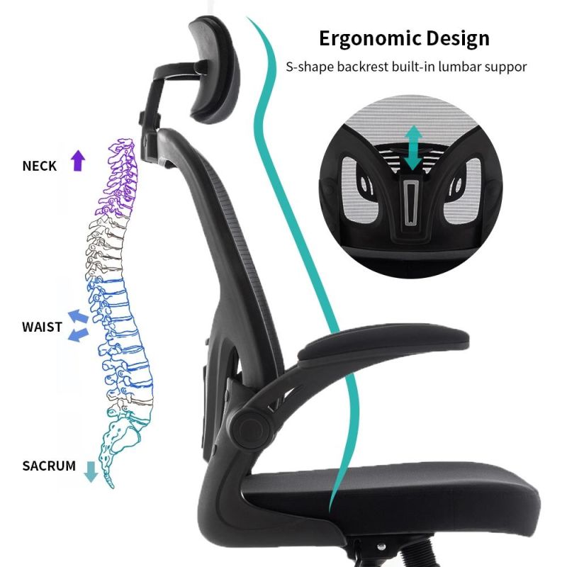 Factory Price Sales Ergonomic Desk Chair Computer Mesh Chair with Lumbar Support and Flip-up Arms