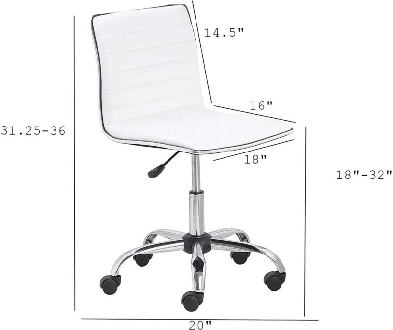 Swivel MID Back Armless Ribbed Designer Task Chair Leather Soft Upholstery Office Chair - White