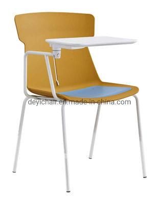 Plastic Shell with Seat Cushion and Writing Pad White Color Chromed Finished 4 Legs Frame High Stool Chair
