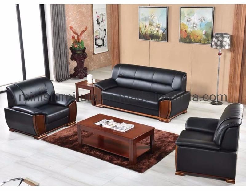 (M-SF13) Office Furniture Wood Frame Black Leather Sofa Set Including Coffee Table