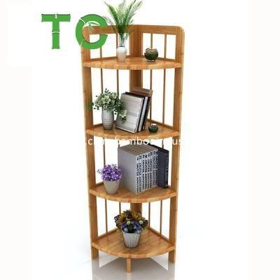 Factory Price Bamboo 4 Tiers Corner Shelf, Multifunctional Floor Standing Shelf Bookcase Display Storage