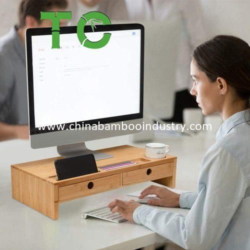 Bamboo Monitor Stand Riser with 2 Drawers, Desk Organizer Laptop Stand with Keyboard Storage,