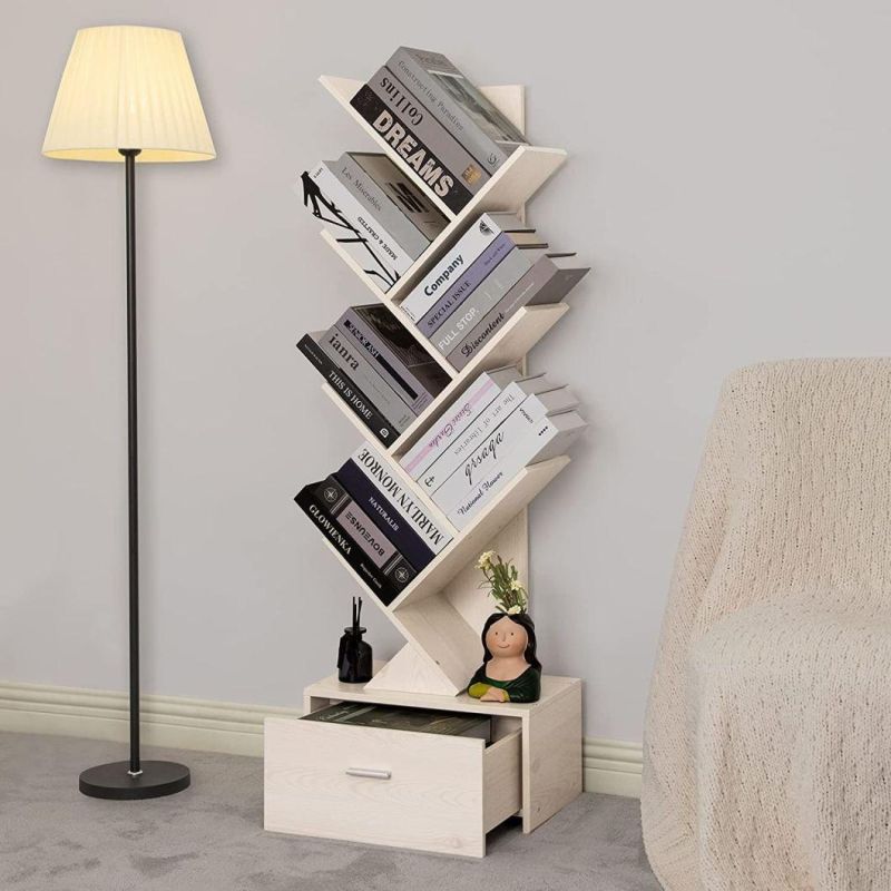 Tree Bookshelf Free Standing Wood Bookcase with Drawers for Living Room Bedroom Home Office