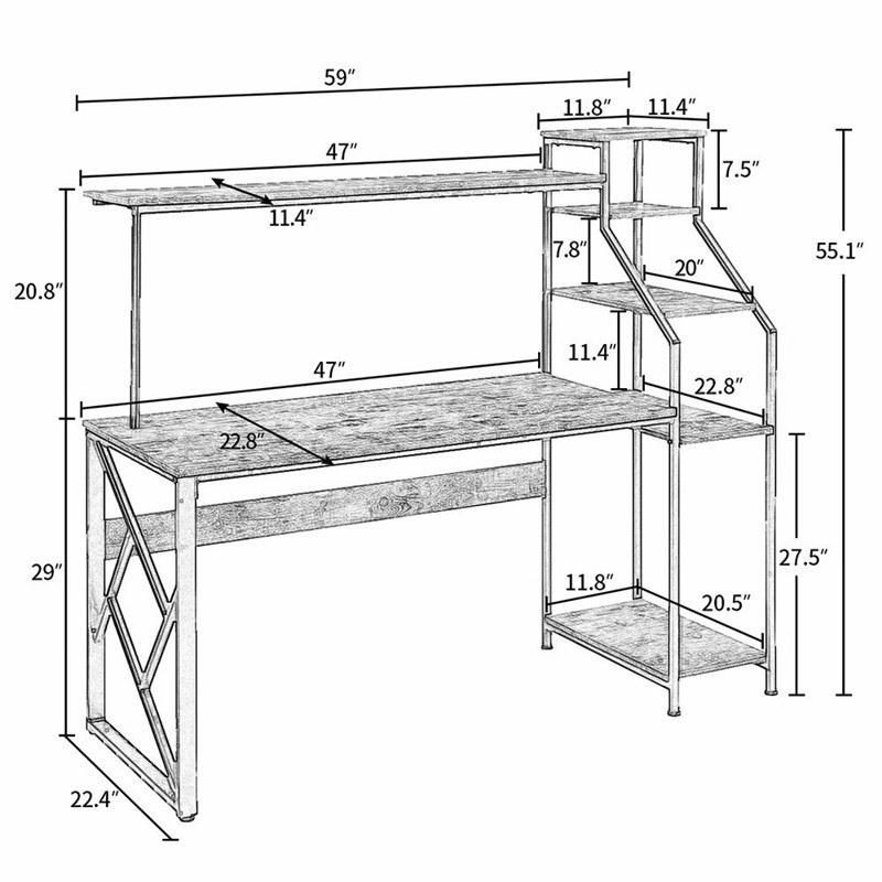 Writing Study Table with 5 Tier Bookshelves Multipurpose PC Workstation