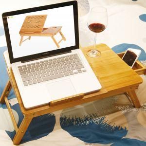 Bamboo Laptop Desk Adjustable Breakfast Serving Bed Tray with Tilting Top Drawer