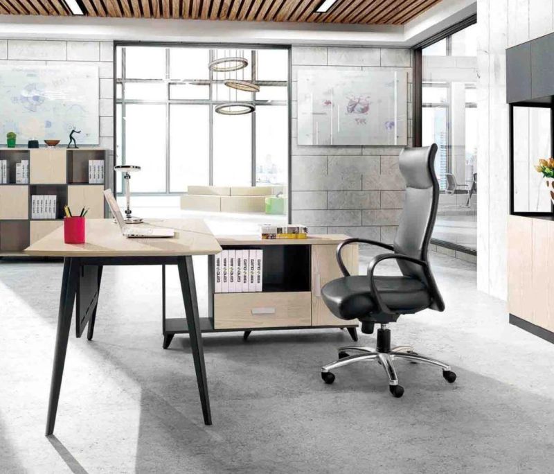 Fashion Oak Iron Leg Melamine Computer Boss Office Furniture Table