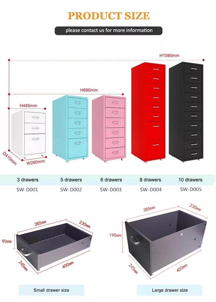 Small Home Office Multi Drawers Unit Steel File Organizer Storage 5 or 6 Drawer Cabinet with Castors