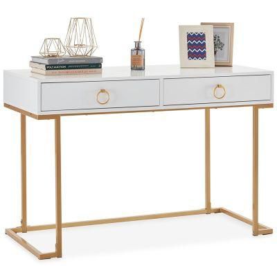 2-Drawer Computer #Desk Table Wood &amp; Metal White &amp; Gold - Standard